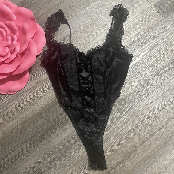 Victoria's Secret Tops - VTG 90s Y2K VICTORIAS SECRET Bodysuit Sz S Black Velvet Lace Ribbon Whimsigoth